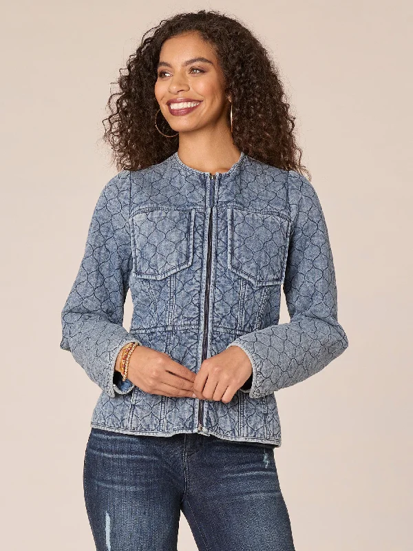 Breathable Style Long Puff Sleeve Round Neck Zip Front Quilted Peplum Denim Jacket