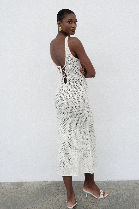 Easy-to-Wear Cordelia Crochet Fishtail Midi Dress - Ivory