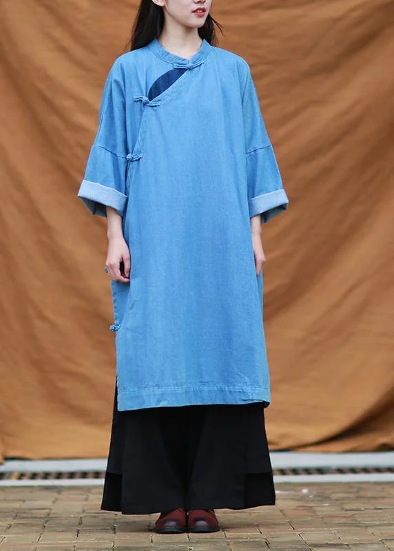 Relaxed Chic DIY denim blue quilting dresses stand collar patchwork Maxi Dresses