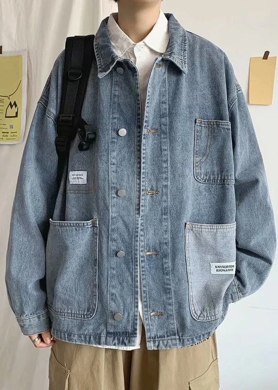 Light Fit Modern Blue Peter Pan Collar Pockets Denim Mens Coats Spring