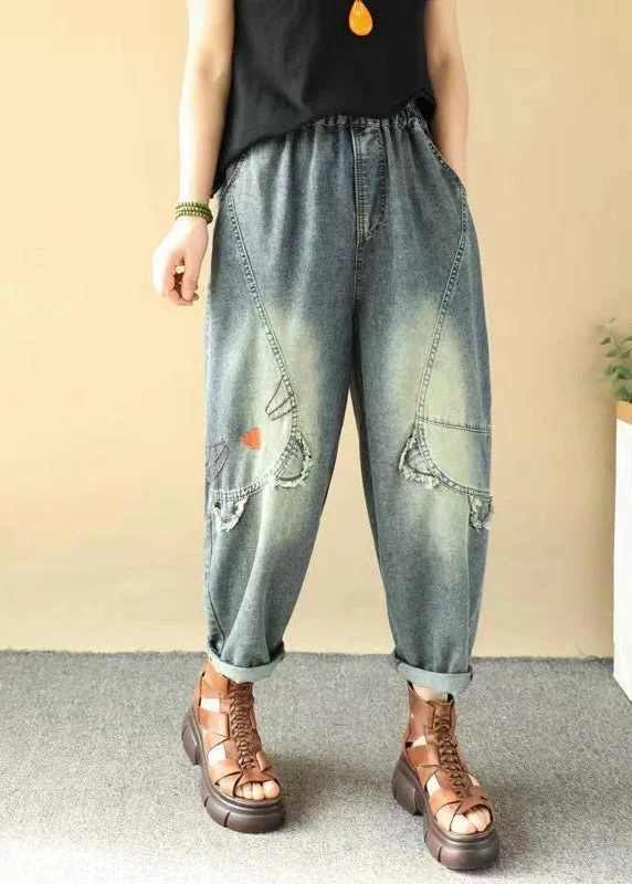 Sporty Comfort Plus Size Blue Cartoon Embroidered Denim Pants Summer