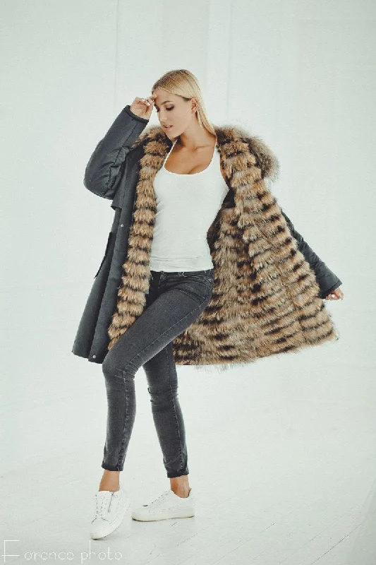 Soft Comfort Raccoon Fur Parka Coat (Grey)
