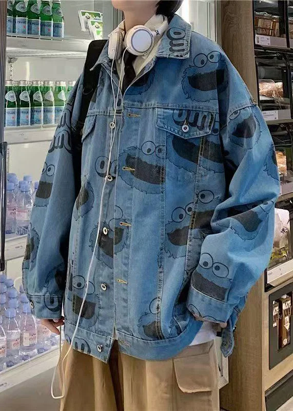 Soft Casuals Stylish Blue Print Button Denim Mens Coats Spring