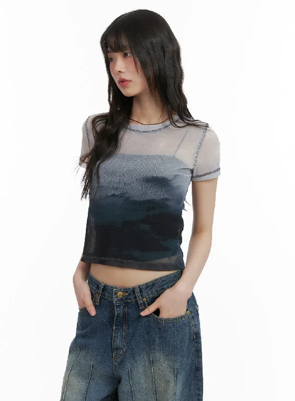 Comfortable Looks Mesh Graphic Cropped Tee CA412
