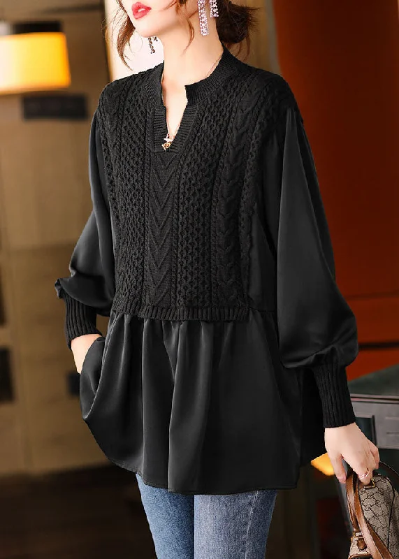 Comfy Layers Plus Size Black V Neck fashion Knit Shirt Winter