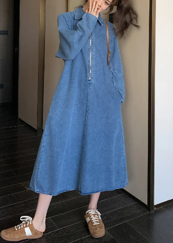 Relaxed Tops Natural Denim Blue Peter Pan Collar Zippered Patchwork Long Dress Spring