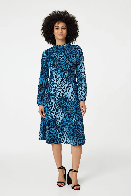 Easy Comfort Style Leopard Print Long Sleeve Midi Dress