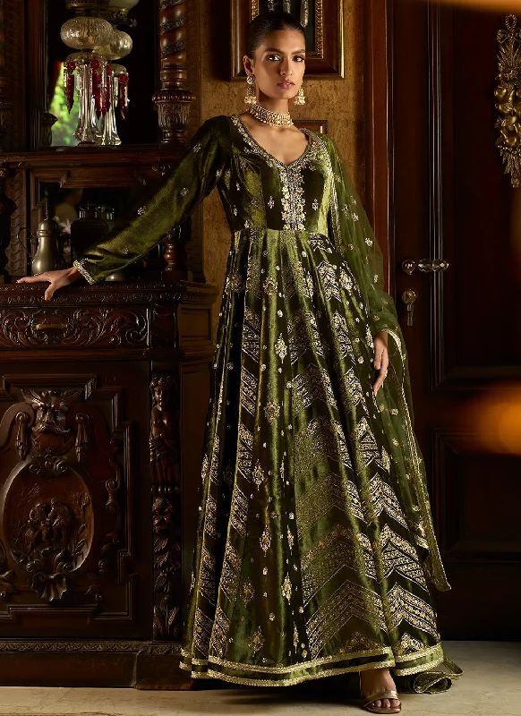 Cozy Sweaters Olive Green Embroidered Velvet Anarkali