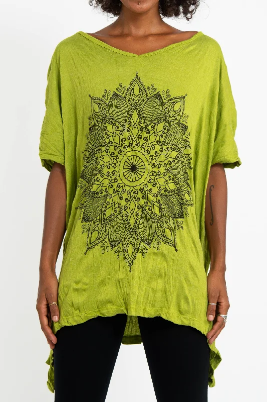 Cozy Chic Wear Womens Lotus Mandala Loose V Neck T-Shirt in Lime