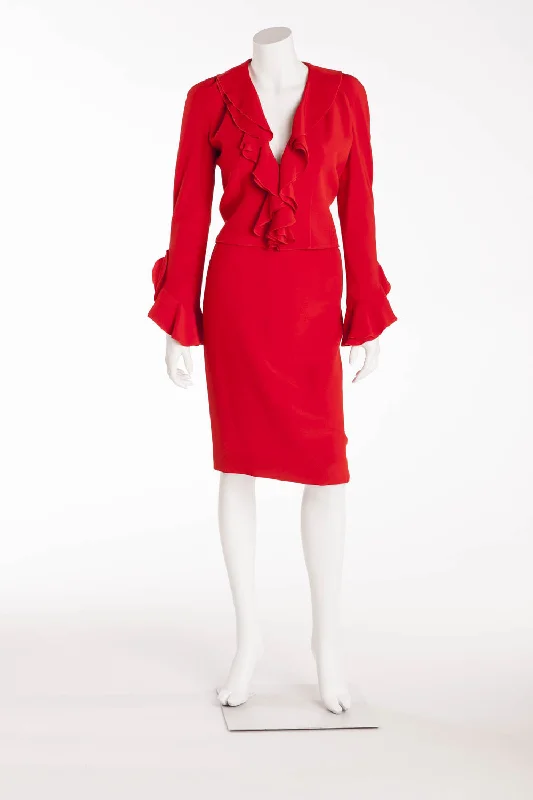 Relaxed Dresses Valentino - 3PC Red Skirt, Ruffle Jacket, Pants - IT 40