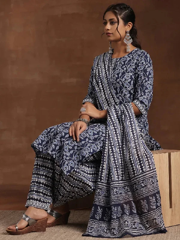 Versatile Outfits Indigo Printed Cotton Straight Suit With Dupatta