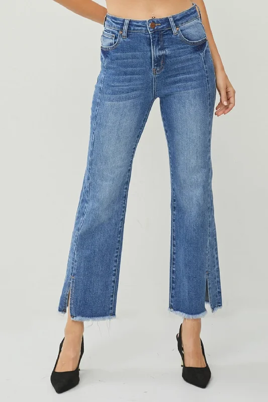 Casual Fit Wear RISEN High Waist Raw Hem Slit Straight Jeans
