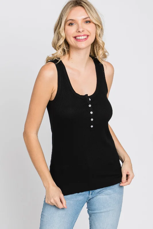 Soft Clothing Black Ribbed Button Front Tank Top