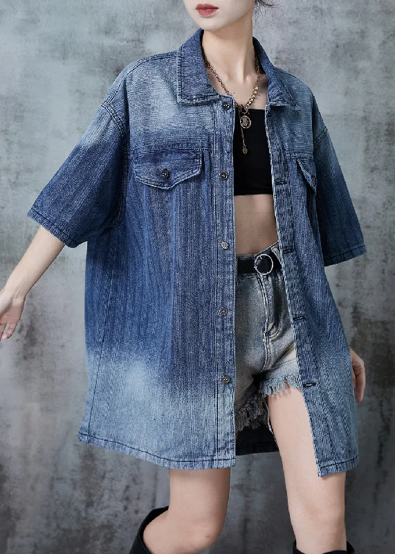 Effortless Wear Bohemian Gradient Blue Oversized Denim Shirt Summer