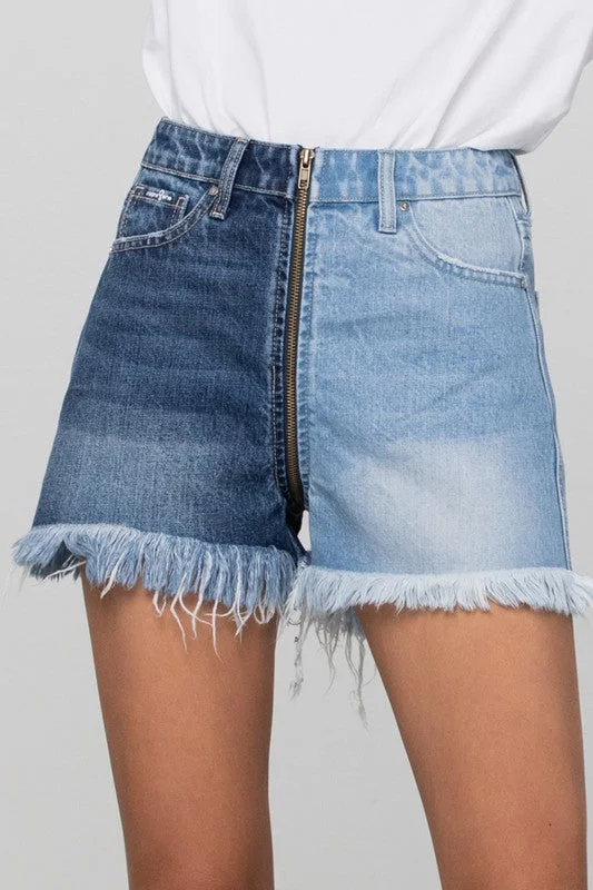 Cozy Layers Long Fray Two Tone Denim Shorts