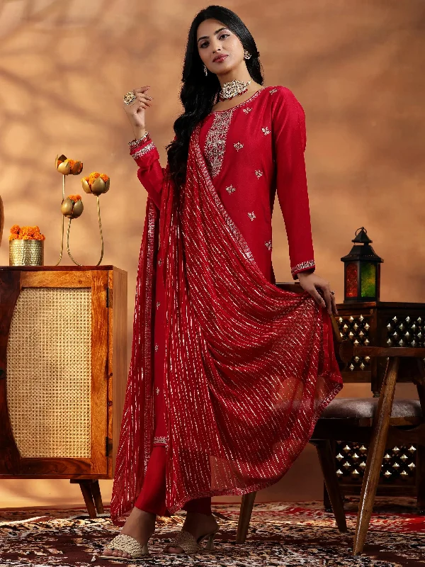 Soft Comfort Red Embroidered Silk Blend Straight Suit With Dupatta