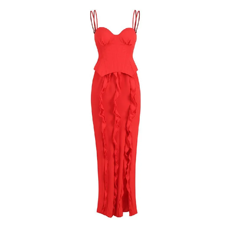 Versatile Outfits Sexy Double Strap Bustier Corset Ruffle Trim Thigh Split Maxi Slip Evening Dress