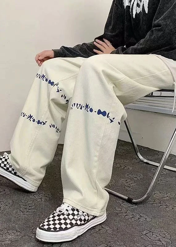 Warm Layers Cool White Oversized Print Denim Men Pants Bottoms Spring