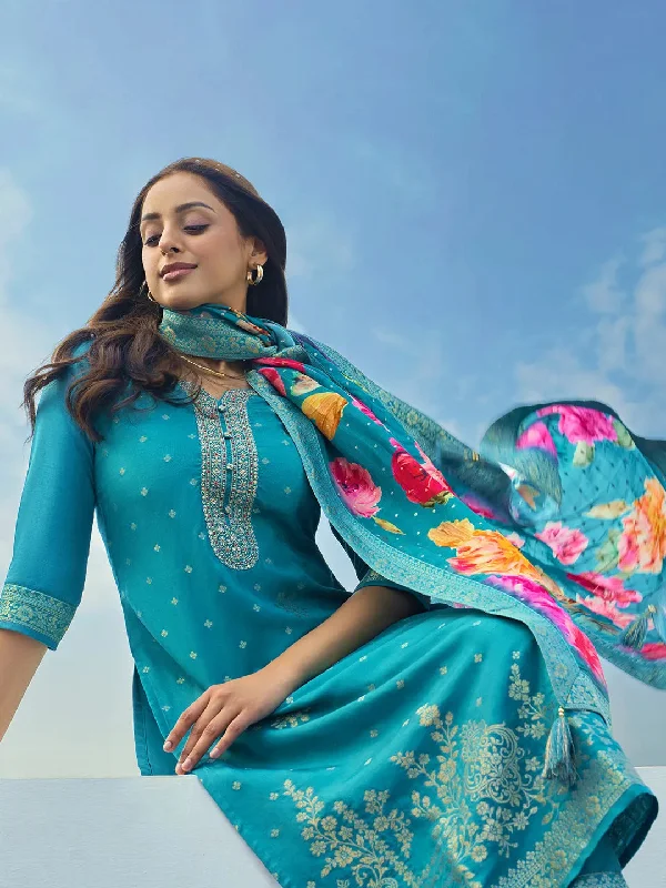 Effortless Looks Rama Woven Design Silk Blend Straight Suit Set With Dupatta