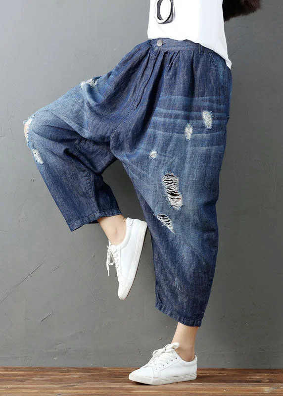 Stylish Ease Fashion Blue Pockets Elastic Waist Denim Harem Pants Summer