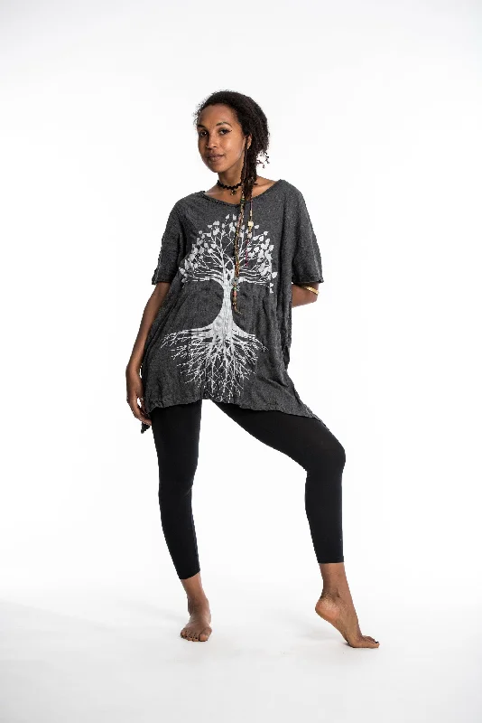 Light Fit Womens Tree of Life Loose V Neck T-Shirt in Silver on Black