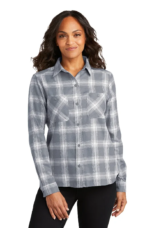 Breezy Style Port Authority Womens Plaid Flannel Long Sleeve Button Down Shirt w/ Double Pockets - Grey/Cream Plaid Breezy Style Port Authority Womens Plaid Flannel Long Sleeve Button Down Shirt w/ Double Pockets - Grey/Cream Plaid