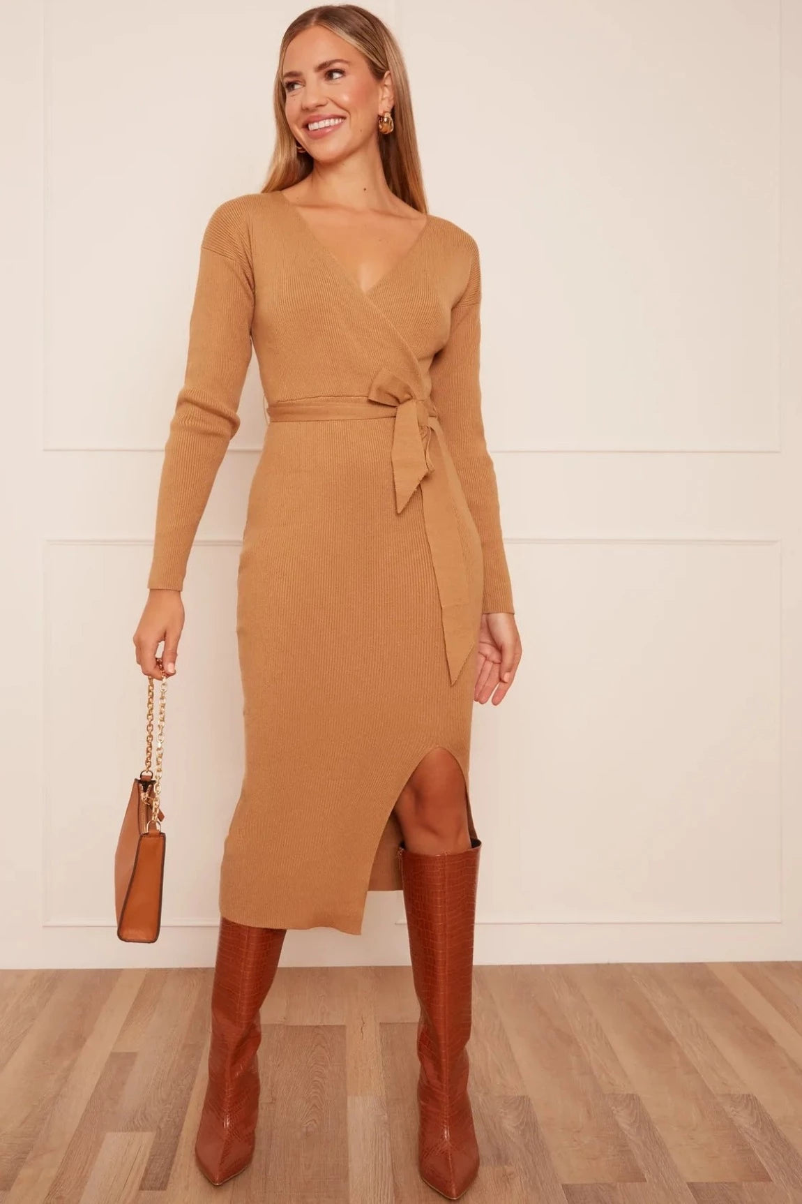 Light Fit Chi Chi Wrap Split Side Knitted Midi Dress in Camel