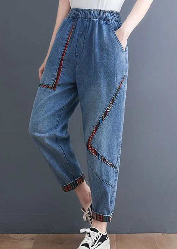Layered Comfort Chic Blue Pockets Patchwork Denim Harem Pants Summer