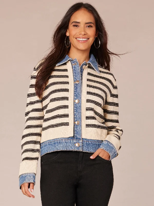 Soft Comfort Long Sleeve Button Front Mixed Media Stripe Jacket