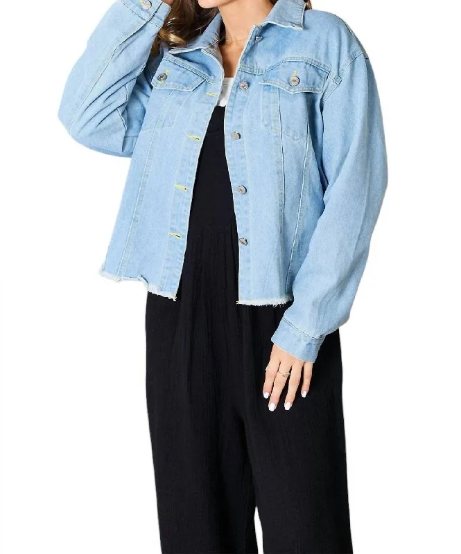 Urban Chic Trendy Denim Jacket With Raw Hem In Light Blue