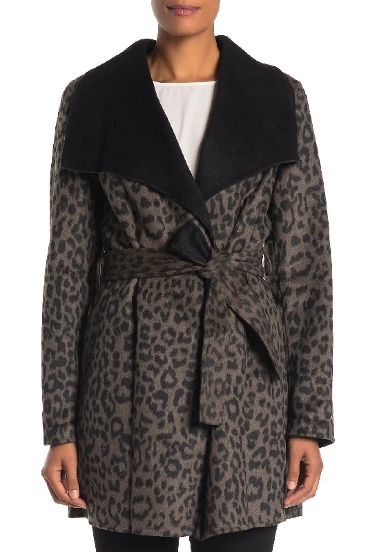 Relaxed Fashion T Tahari Ella Leopard Double Faced Wool Wrap Belted Coat