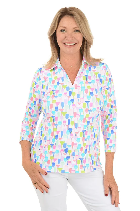 Comfortable Tops White Wine Glasses UPF50+ 3/4 Sleeve Polo Top