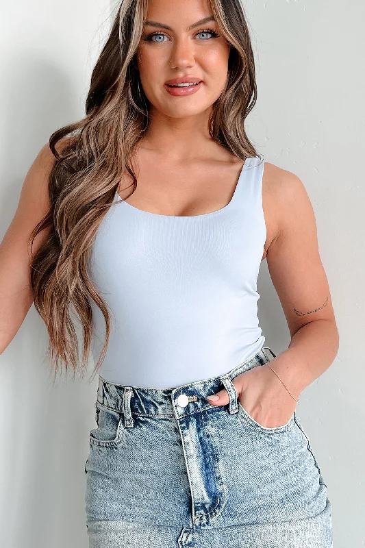 Comfortable Jeans New Hobbies Scoop Neck Tank Bodysuit (Icee Blue)