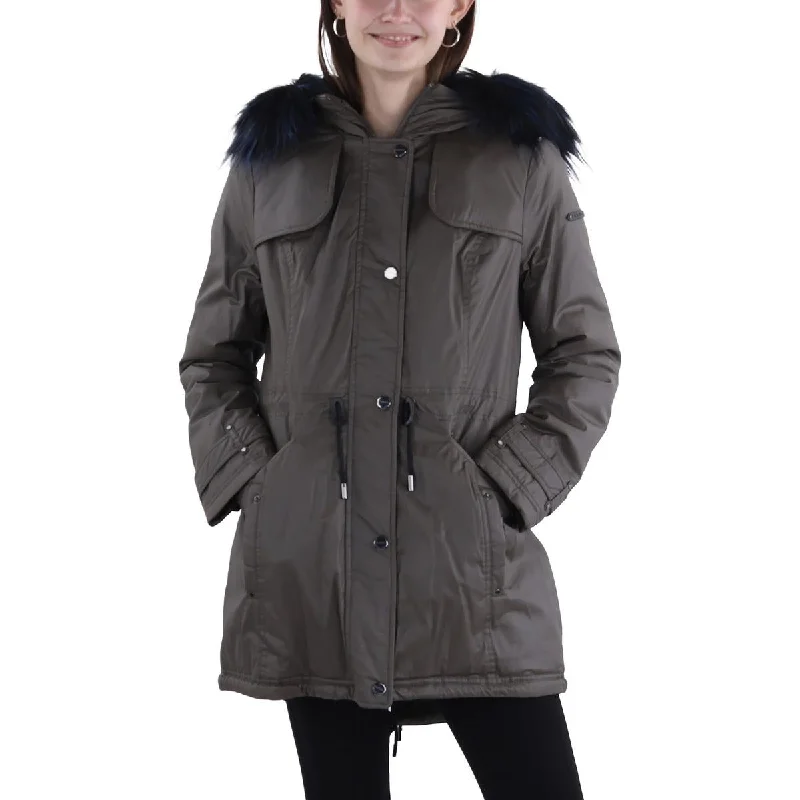 Easy Chic Womens Faux Fur Trim Hooded Anorak Jacket