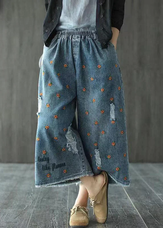 Simple Style Plus Size Denim Blue Elastic Waist Daisy Embroideried Hole Cotton Straight Pants Summer Simple Style Plus Size Denim Blue Elastic Waist Daisy Embroideried Hole Cotton Straight Pants Summer