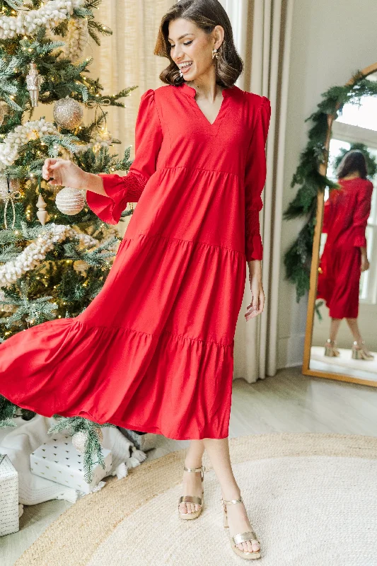 Elegant Fit What A Surprise Red Ruffled Midi Dress