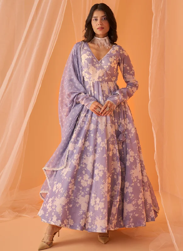 Effortless Dressing Dusty Periwinkle White Floral Printed Anarkali