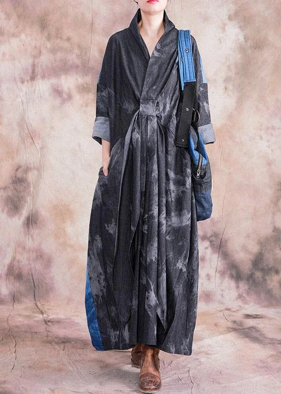 Soft Clothing Modern denim black cotton dress v neck patchwork loose fall Dress