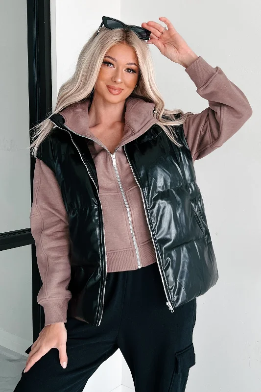 Trendy Dresses Put You In Your Place Patent Leather Puffer Vest (Black)
