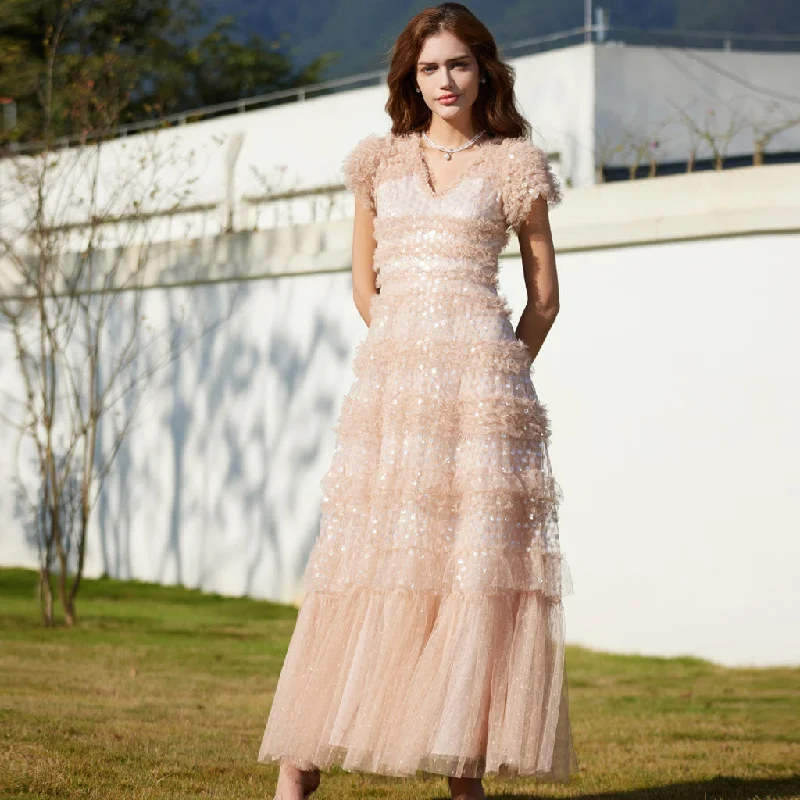 Simple Chic Sparkly V Neck Short Sleeve Summer Floral Sequin Tiered Ruffle Tulle Maxi Dress Simple Chic Sparkly V Neck Short Sleeve Summer Floral Sequin Tiered Ruffle Tulle Maxi Dress