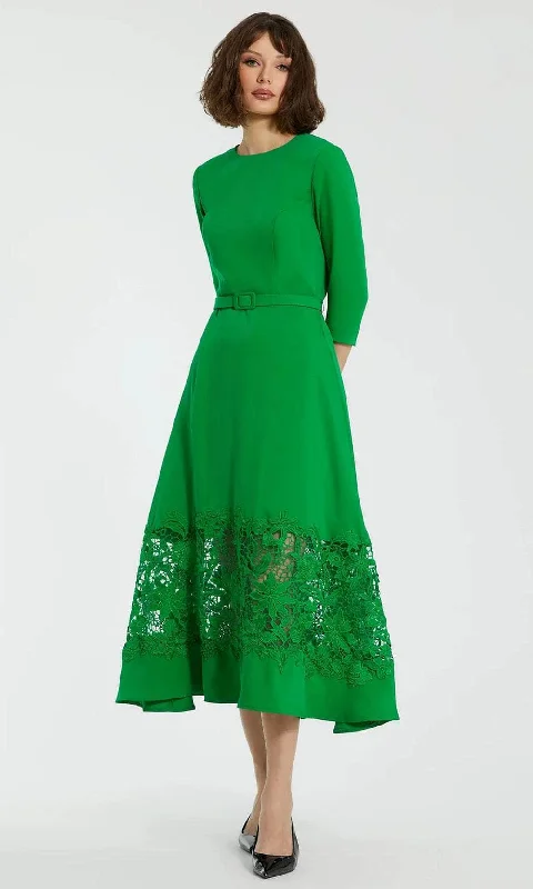 Basic Comfort Mac Duggal 21001 - Lace Applique Quarter Sleeve Tea-Length Dress