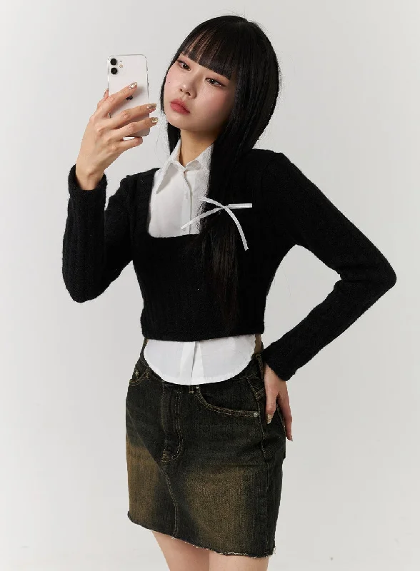 Comfy Layers Layered Shirt Buttoned Crop Top CJ404