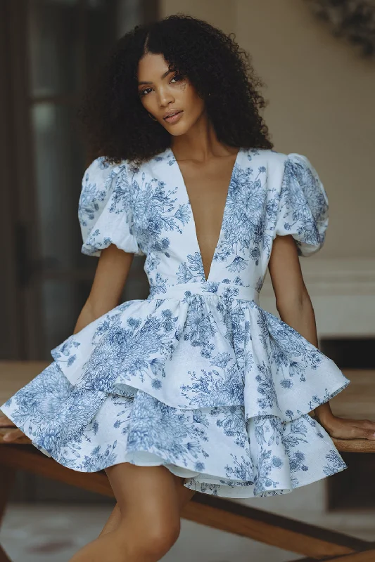 Soft Style AUBRINA LINEN MINI DRESS - INDIGO BLOOM