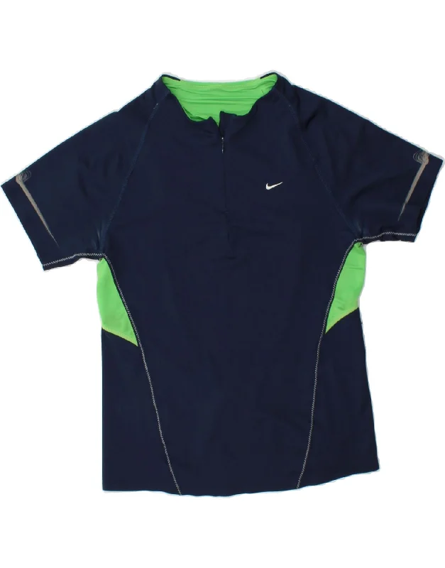 Sporty Comfort NIKE Womens Zip Neck T-Shirt Top UK 16/18 Large Navy Blue Colourblock