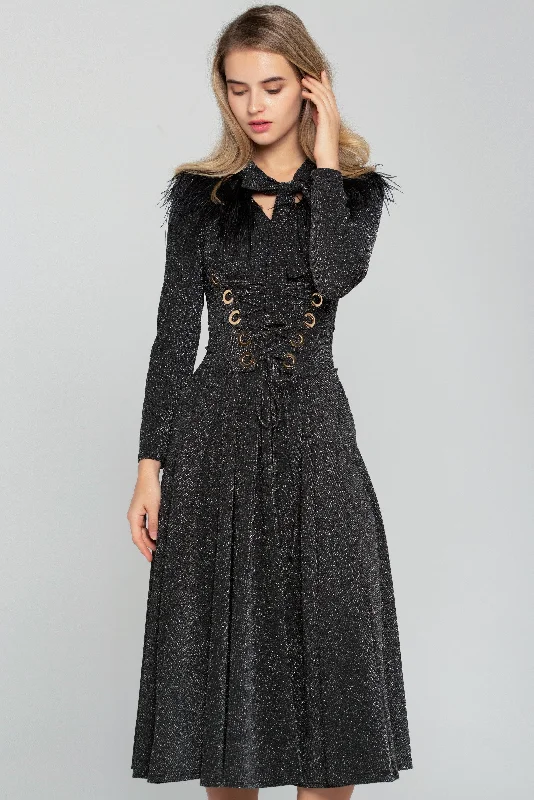 Comfortable Dresses Black Shimmer Tie-up Smocked Waist Midi Dress