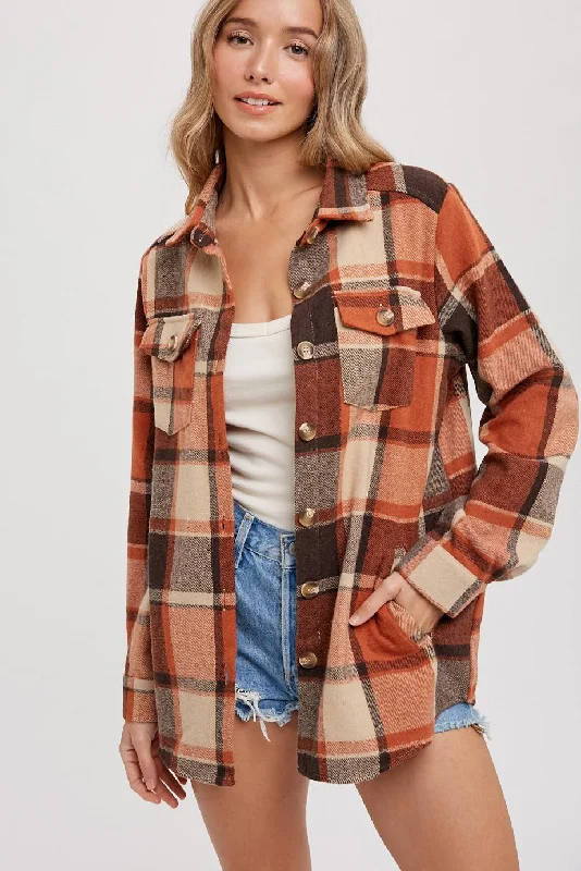 Relaxed Chic Rust Plaid Shirt Jacket