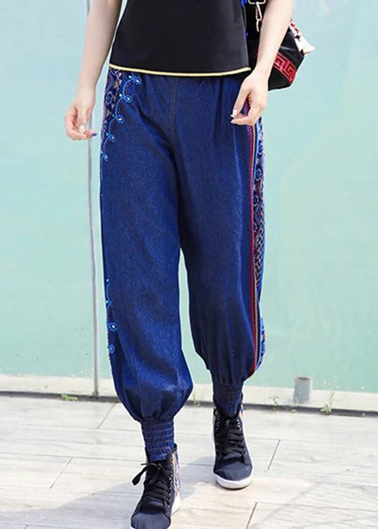 Relaxed Tops Boutique Blue Embroideried Elastic Waist Cotton Denim Harem Pants Spring