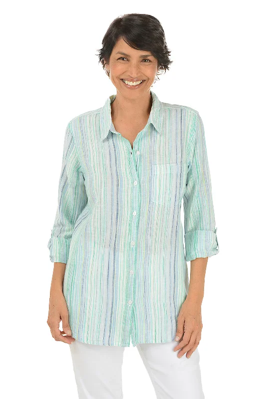 Easy-to-Wear Blue Green Striped Linen-Blend Shirt