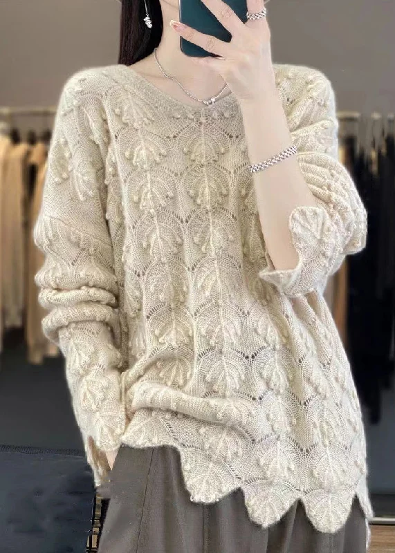 Breezy Comfort Elegant Light Camel V Neck Hollow Out Woolen Knit Sweaters Fall