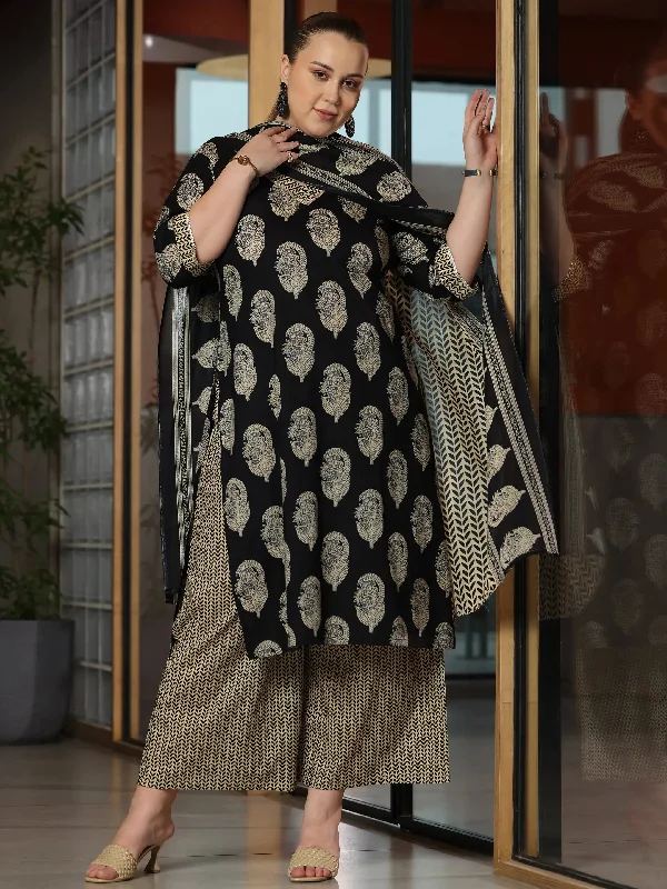 All-Day Wear Plus Size Black Printed Cotton Straight Suit With Dupatta